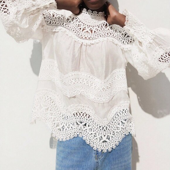 White Elegant Women's Patchwork Top - Picture 4 of 9